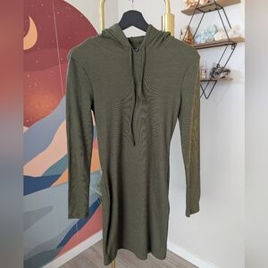 SHEIN Green Ribbed Tie Front Hooded Sweater Dress